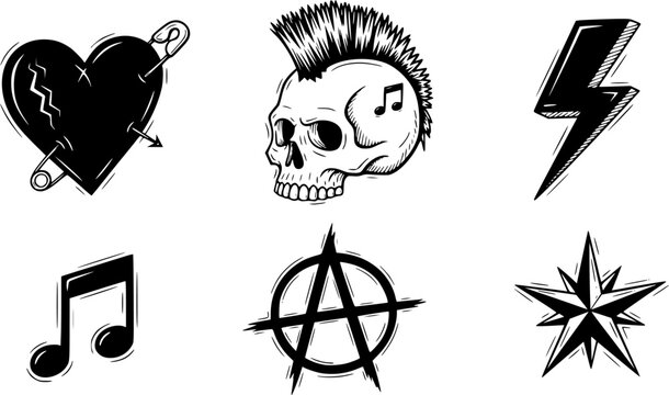 Collection of hand drawn punk rock doodles and symbols including hearts skulls lightning bolts and music notes
