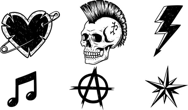 Collection of hand drawn punk rock doodles and symbols including hearts skulls lightning bolts and music notes
