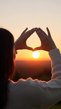 Woman hands framing sun in triangle shape at sunset, symbolizing future vision and planning concepts