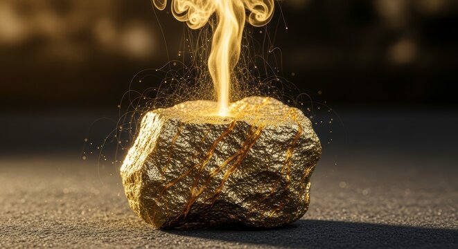 Gold Nugget Emergence: A detailed view of a raw, unrefined gold nugget emitting a radiant, golden light and ethereal smoke, symbolizing transformation and preciousness.