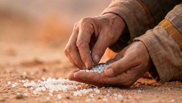 Weathered hands carefully gathering small white grains from the dry, sandy ground.