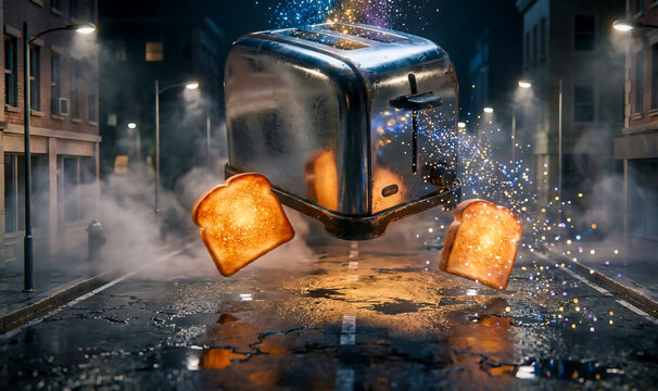 Surreal Film Noir Night Street with Floating Toaster and Glowing Toast