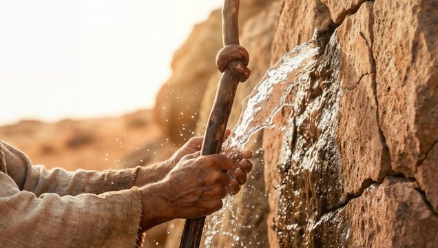 Ancient hands hold a wooden staff as fresh water miraculously gushes from a desert rock formation.