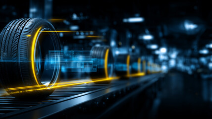 Car tires moving on an automated production line with digital overlay, representing smart factory logistics and automotive manufacturing. 