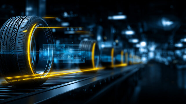 Car tires moving on an automated production line with digital overlay, representing smart factory logistics and automotive manufacturing.
