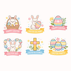 Cute Easter Doodle Badge Set with Bunny and Eggs &ndash; Hand Drawn Vector