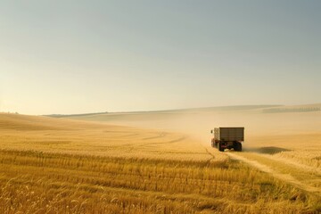 Obraz premium Red farm truck full of golden grain driving through a dry wheat field under a blue sky