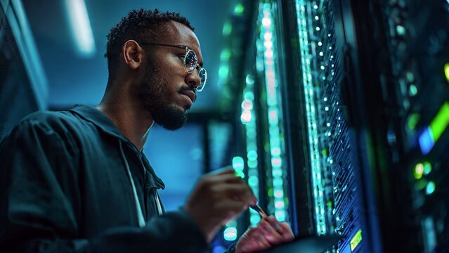 Male IT technician inspecting server rack hardware in modern server room