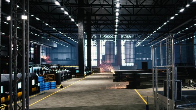 Empty warehouse interior in heavy industry environment displays steel work, fabrication areas and production hall machinery. Industrial design showcases modern infrastructure use.