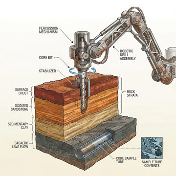 An infographic illustrating a robotic drill assembly taking a core sample from various rock strata. Shows the percussion mechanism, core bit, and sample tube.. Vector illustration