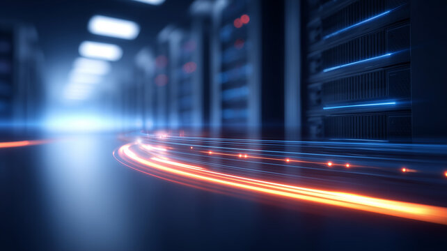 Server racks in a data center with fast data trails representing cloud computing and high speed network infrastructure.
