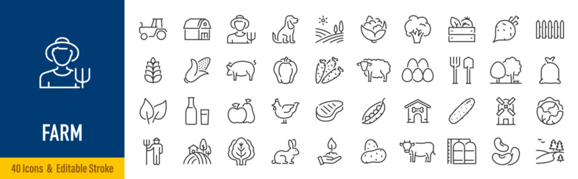 Farming web icons in line style. Agriculture, planting, fertilizer, vegetables, tractor, farmers, fence, farm buildings, collection. Editable stroke. Vector illustration.