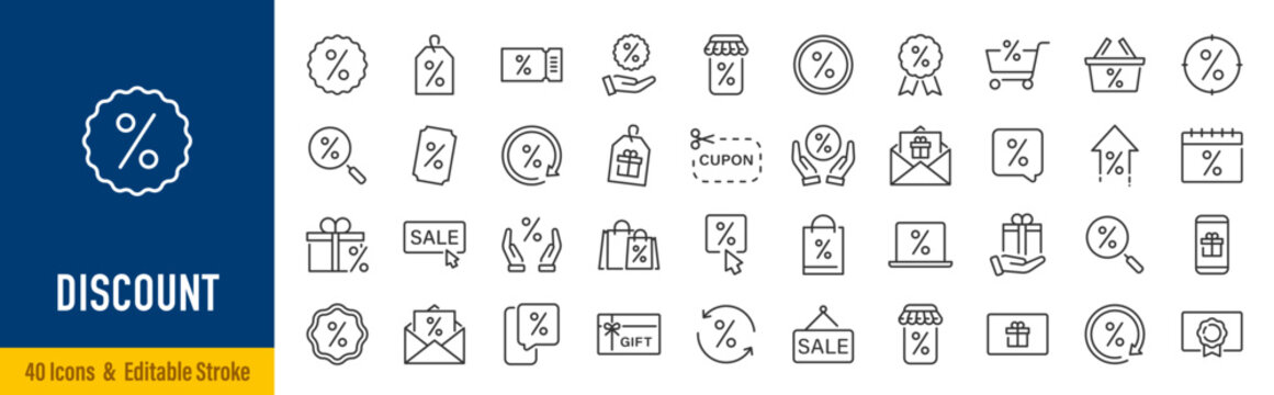 Discount web icons in line style. Sale, cupon, shopping, shop, mega sale, outlet, collection. Editable stroke. Vector illustration.