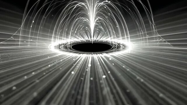 Energetic light streams emanate from a central dark void, creating a dynamic, abstract effect