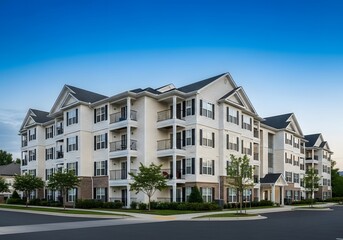 Obraz premium Modern apartment building with balconies on quiet suburban street