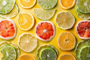 Juicy citrus grapefruit and orange slices arranged forming a vibrant colorful pattern