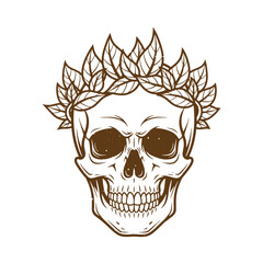 Fototapeta premium Vintage Grunge Human skull with leaves wreath on head isolated on white background