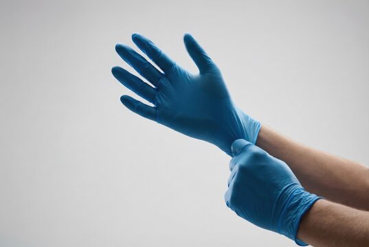 A person, doctor, or lab worker putting on blue nitrile disposable gloves for medical use or protection.