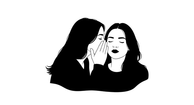 Two women sharing a secret or gossiping together in a simple black and white illustration.
