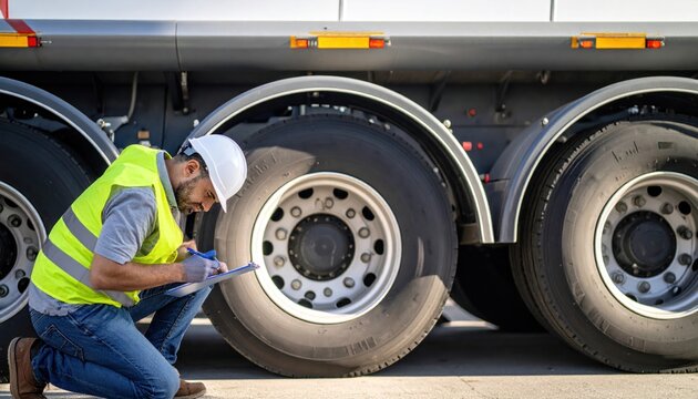 Professional Worker Inspecting Semi-Truck Tire and Recording Data on Clipboard for Safety Check