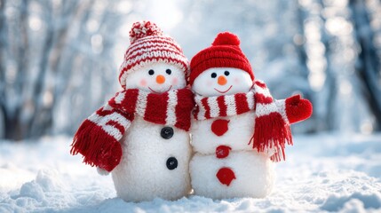 Obraz premium Cheerful snowmen with red hats and scarves in winter wonderland.