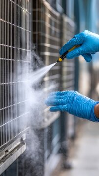 Professional cleaning of air conditioner unit grille using water spray for efficient summer operation