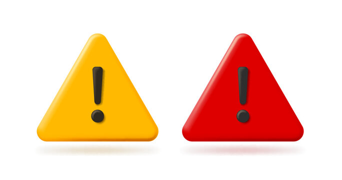 Glossy 3D Warning Sign Icons. Modern yellow and red alert symbols with exclamation marks.