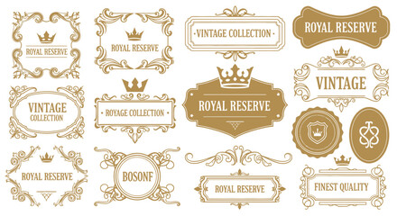 Vintage collection labels and badges with royal reserve emblems and ornate frames in a luxurious gold tone design