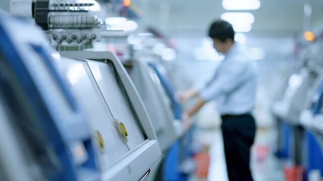 Factory workshop worker operating CNC machine tool equipment in industrial production environment