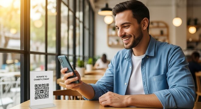 Man using phone with QR code.