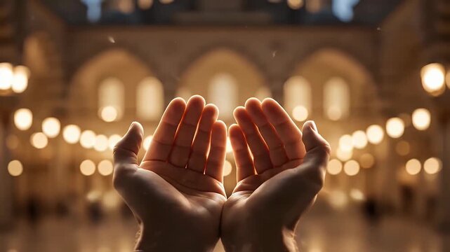 Hands Raised in Prayer Mosque Scene.