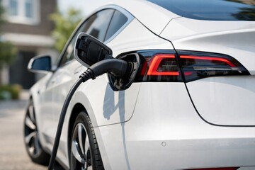 Fototapeta premium White Electric Car Charging at a Station, Showcasing Modern Eco-friendly Technology and Sleek Automotive Design
