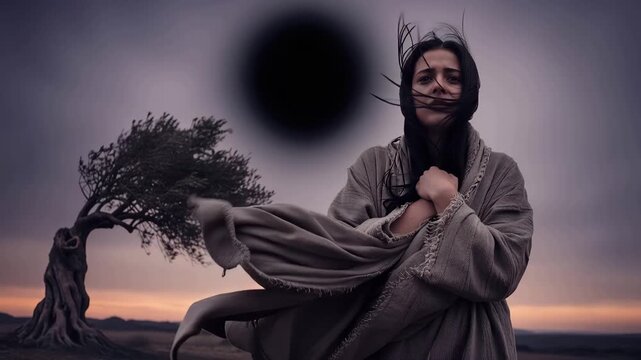 Woman gazing at a mysterious dark celestial orb in the sky. Cinematic shot of a woman in a textured robe standing in a desolate landscape at twilight. Spiritual and prophetic concept