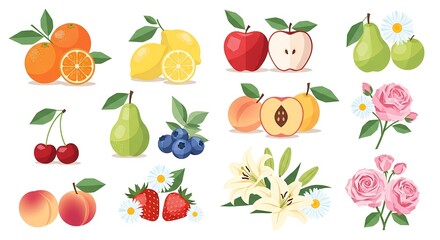 Obraz premium A vibrant collection of fresh fruits and delicate flowers, showcasing nature's bounty