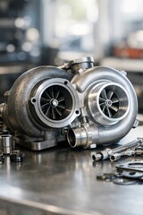 Fototapeta premium Close-up of a Silver Turbocharger with Intricate Detailing, Surrounded by Various Metallic Automotive Parts