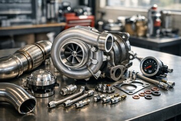 Fototapeta premium Close-up of Automotive Turbocharger and Various Mechanical Parts on a Metal Workbench, Showcasing a Blend of Stainless Steel and Industrial Design