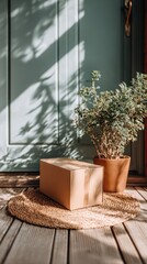 Fototapeta premium A cardboard package rests on a woven doormat at a stylish front door. Sunlight casts shadows while a potted plant adds a welcoming touch to the delivery scene.