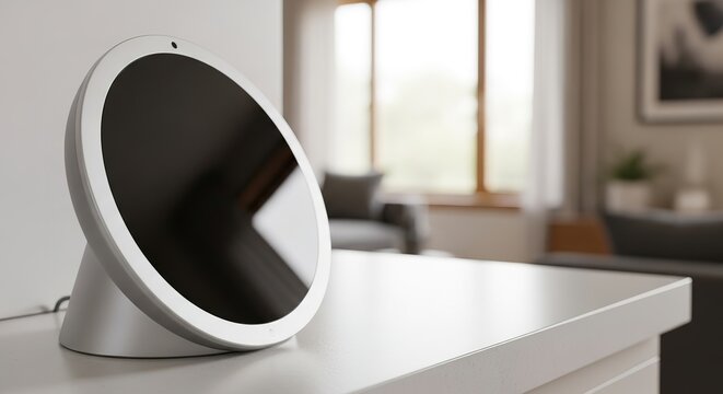 Modern smart speaker on white table.