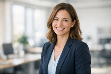 Fototapeta premium Confident Young Woman Smiling in a Professional Setting, Wearing a Dark Blazer and Light Blouse