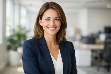 Obraz premium Confident Hispanic Woman in a Professional Outfit Smiles Warmly in a Bright Office Environment