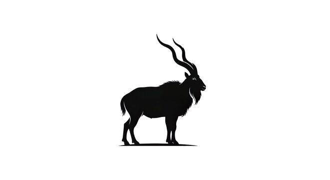 Silhouette of a majestic Markhor goat with impressive curved horns standing proudly against a clean white background, symbolizing wild nature and strength.