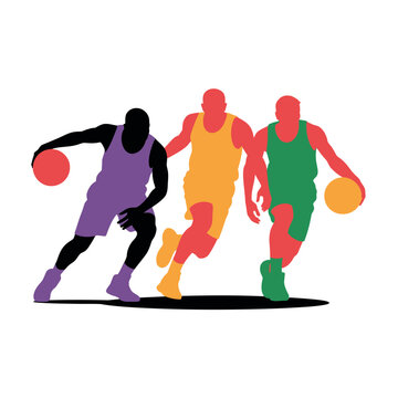 Three basketball players in action, dribbling balls in different colors on a white background