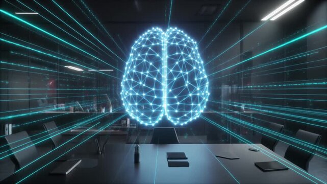 Futuristic Conference Room with Glowing Blue Wireframe Brain Hologram: Radiant Light Beams Extending Over Sleek Dark Table