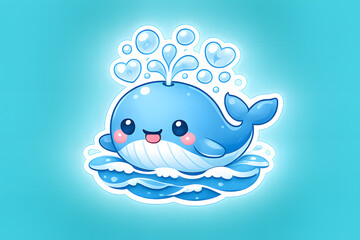 Fototapeta premium Cute Kawaii Blue Whale Blowing Heart Bubbles Sticker