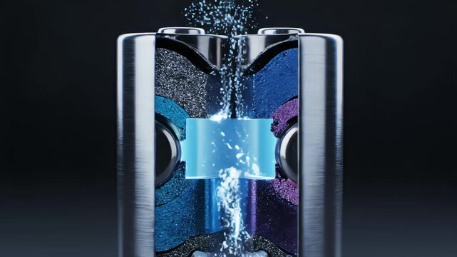 3D Animation of Lithium Ion Battery Cross Section Revealing Internal Components and Glowing Blue Energy Flow