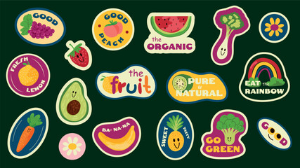 Fruit stickers elements set design. Collection with food labels for grape, peach, watermelon, broccoli, lemon, strawberry, citrus, kiwi, carrot, banana, pineapple, more stamps. Vector illustration.