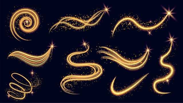 Glitter golden dust elements set design. Collection with gold glowing trails, fairy shimmer swirls, flow light spray with bright particles, shine spirals and waves flow effect. Vector illustration.