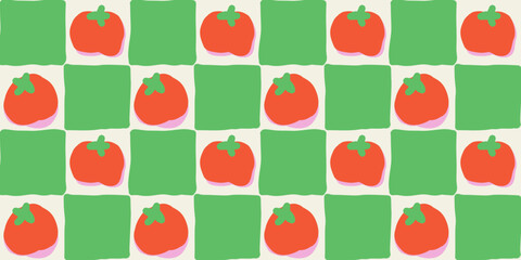 Seamless pattern illustration of red tomatoes arranged in a repeating grid on a green background with a simple and playful kid friendly style.