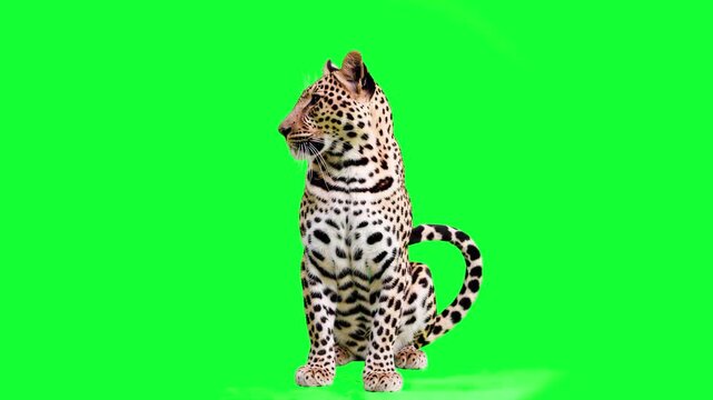 A majestic 3D animation of a spotted leopard sitting calmly and looking toward the side on a chroma key green background. An ideal asset for representing African savanna wildlife or exotic jungle pred
