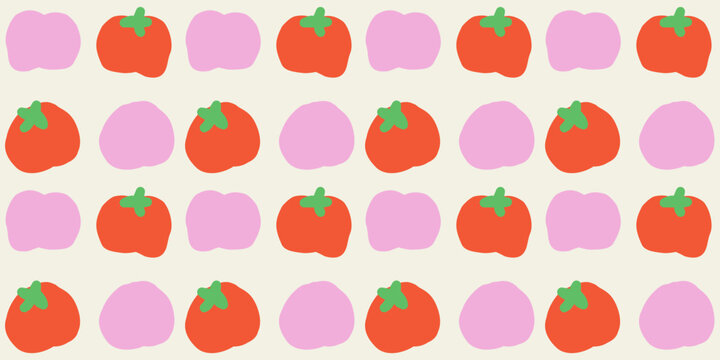 Seamless pattern illustration of red tomatoes combined with soft pink abstract shapes, creating a cheerful and child friendly food themed background.